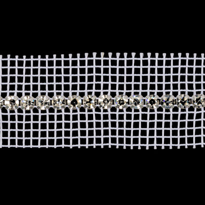 Vintage Czech Crystal and Silver Single Row Rhinestones on Double Edge White Mesh Trimming - 1.25" Detail