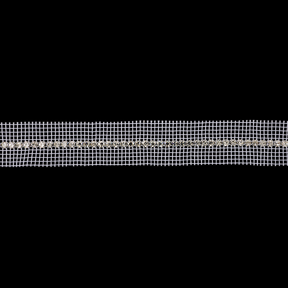 Vintage Czech Crystal and Silver Single Row Rhinestones on Double Edge White Mesh Trimming - 1.25"