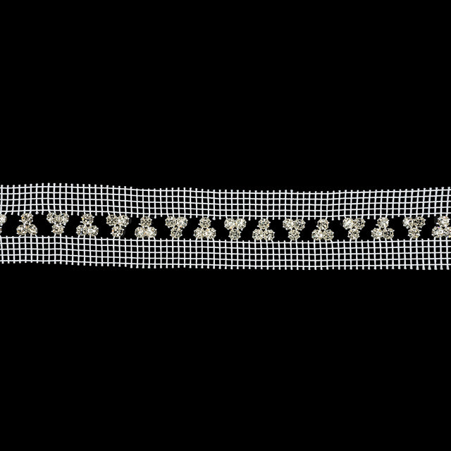 Vintage Crystal and Silver Rhinestone Trio Trimming on White Mesh - 1.375"