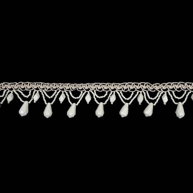 Vintage Chalk White Teardrops and Glass Beaded Looped Fringe on Ivory Braid - 1.5"