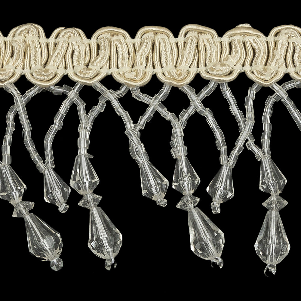 Vintage Crystal Fancy Beaded Fringe on Ivory Braid - 2.25" Detail