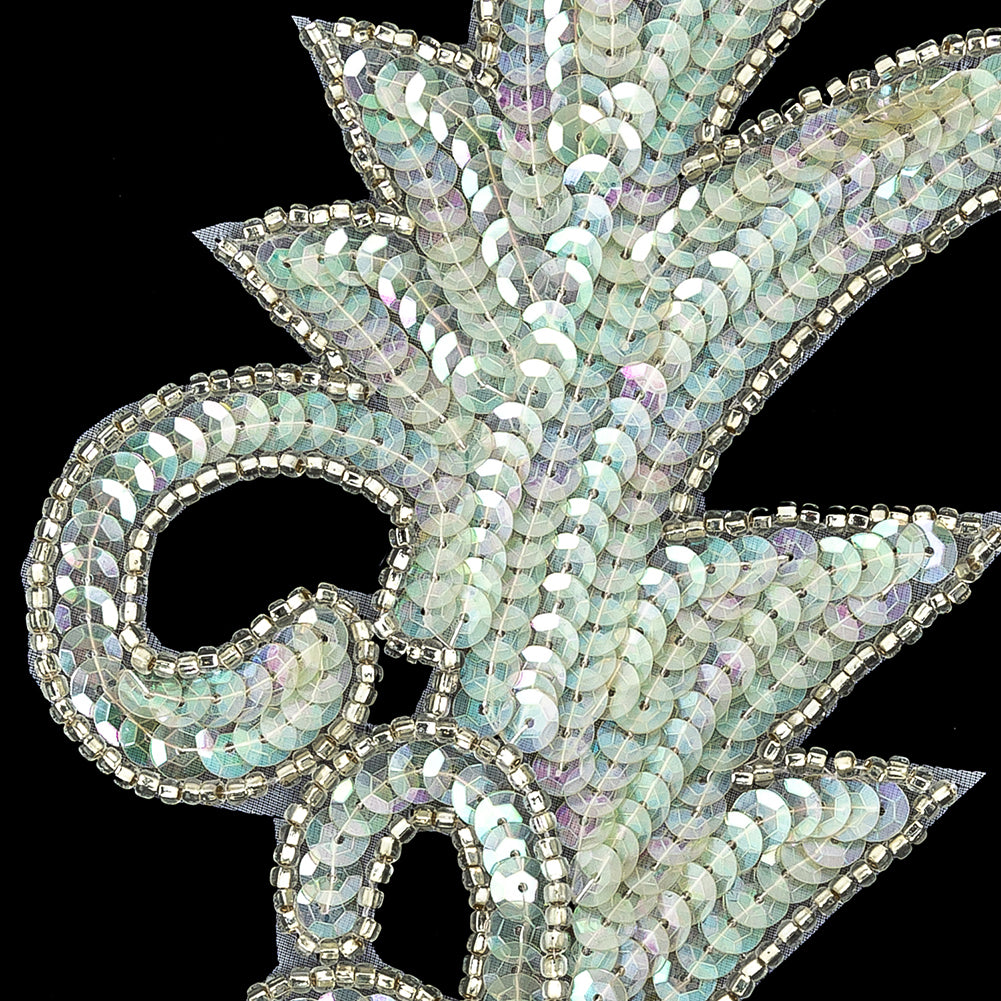 Vintage Translucent Green Iris Sequins and Silver-lined Beaded Foilage Applique - 7.75" x 3.75" Detail