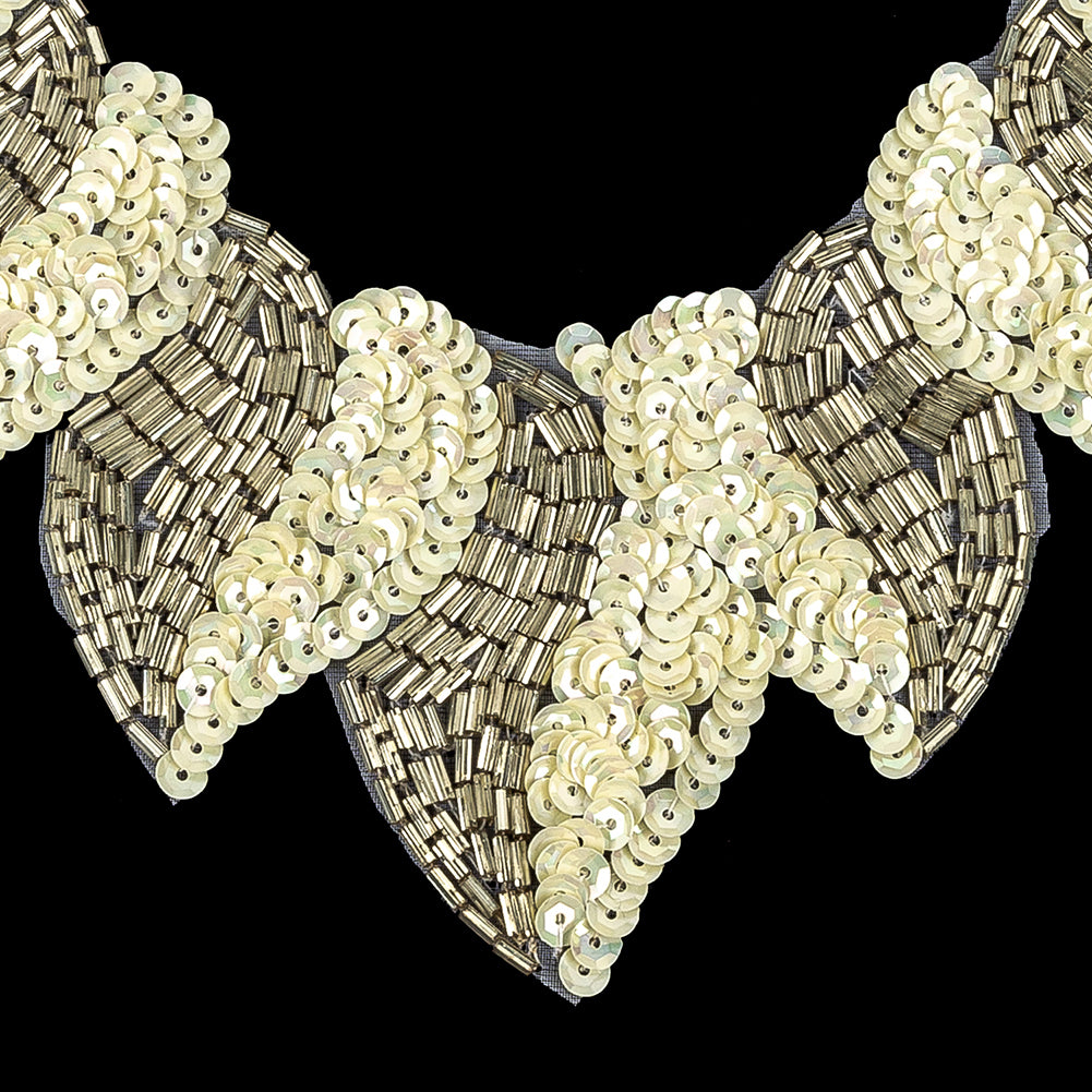 Vintage Fancy White Sequins and Bugle Beaded Neckline Applique - 7.625" x 7.75" Detail