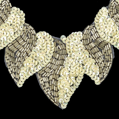 Vintage Fancy White Sequins and Bugle Beaded Neckline Applique - 7.625" x 7.75" Detail