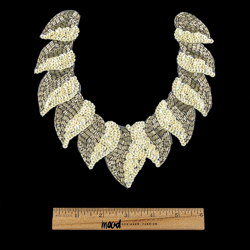 Vintage Fancy White Sequins and Bugle Beaded Neckline Applique - 7.625" x 7.75" Full