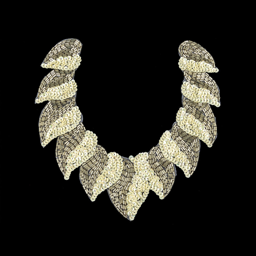 Vintage Fancy White Sequins and Bugle Beaded Neckline Applique - 7.625" x 7.75"