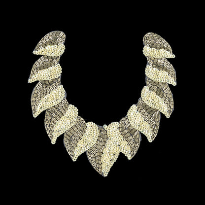 Vintage Fancy White Sequins and Bugle Beaded Neckline Applique - 7.625" x 7.75"