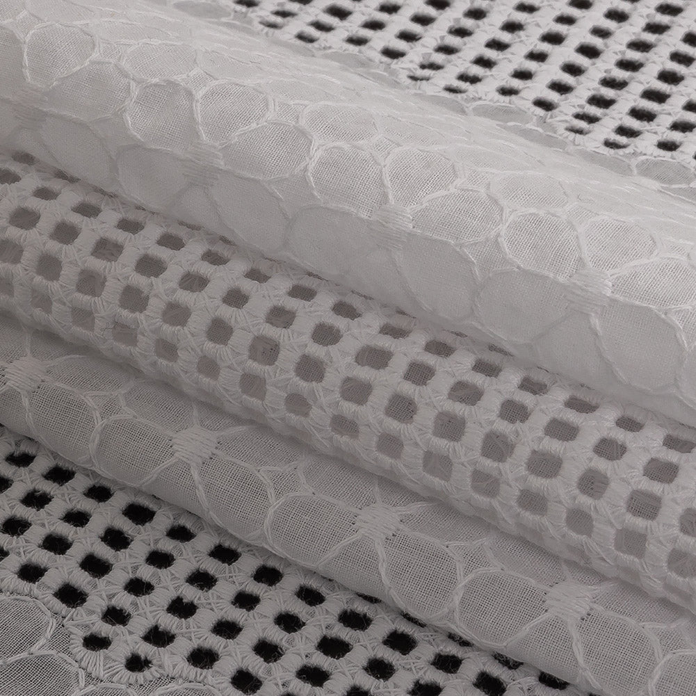 White Floral Embroidered Cotton Voile with Gridded Guipure Lace Stripes Detail