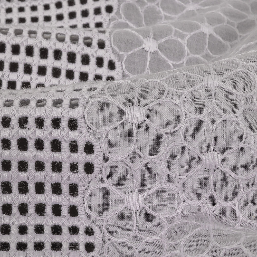 White Floral Embroidered Cotton Voile with Gridded Guipure Lace Stripes Full