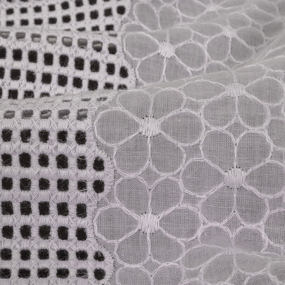 White Floral Embroidered Cotton Voile with Gridded Guipure Lace Stripes Full