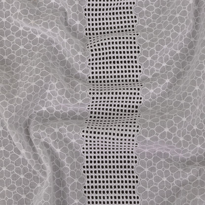 White Floral Embroidered Cotton Voile with Gridded Guipure Lace Stripes