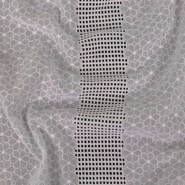 White Floral Embroidered Cotton Voile with Gridded Guipure Lace Stripes