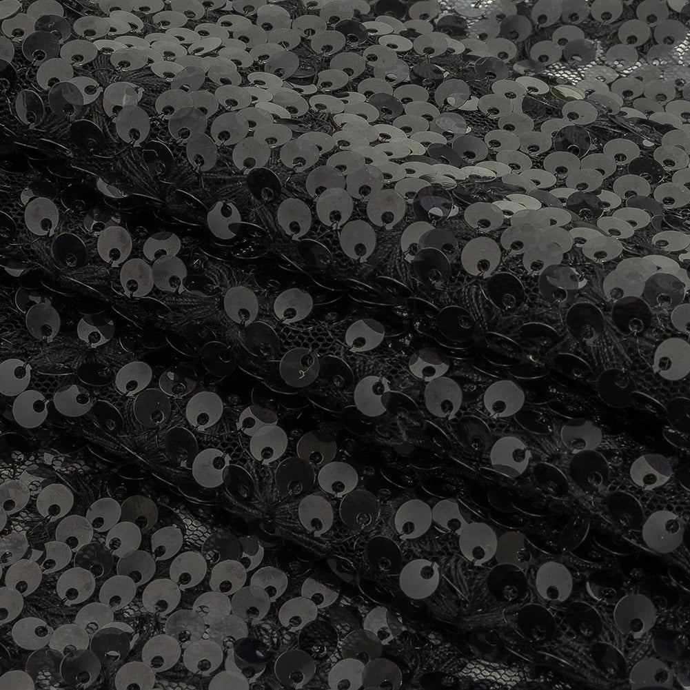 Black on Black Sequined and Embroidered Lace Folded
