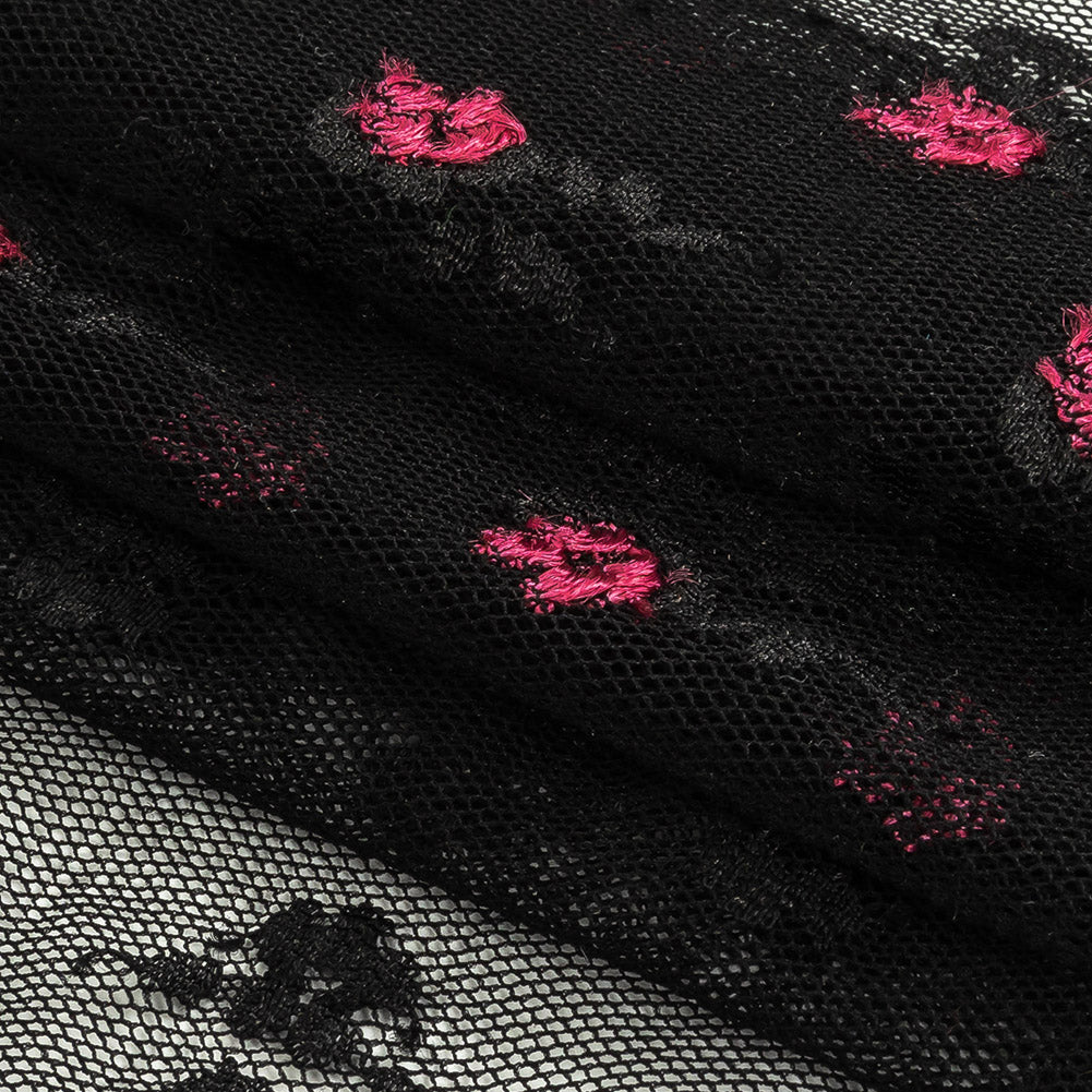 Black Stretch Mesh with Pink Embroidered Roses Folded
