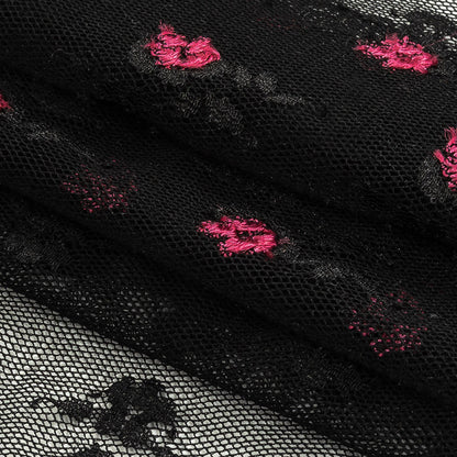 Black Stretch Mesh with Pink Embroidered Roses Folded