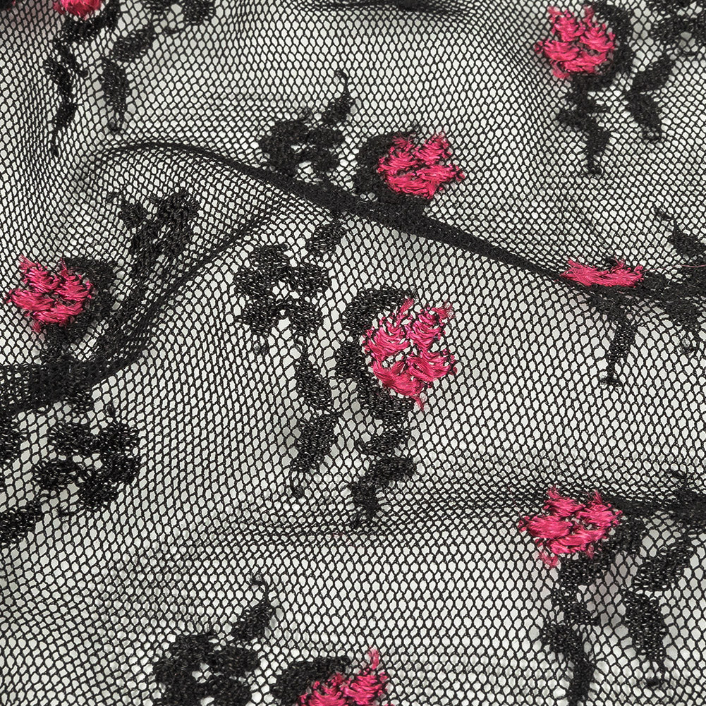 Black Stretch Mesh with Pink Embroidered Roses Detail