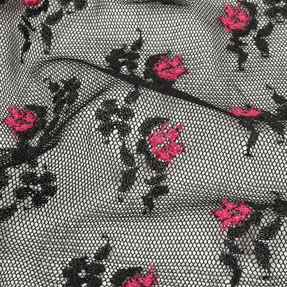 Black Stretch Mesh with Pink Embroidered Roses Detail