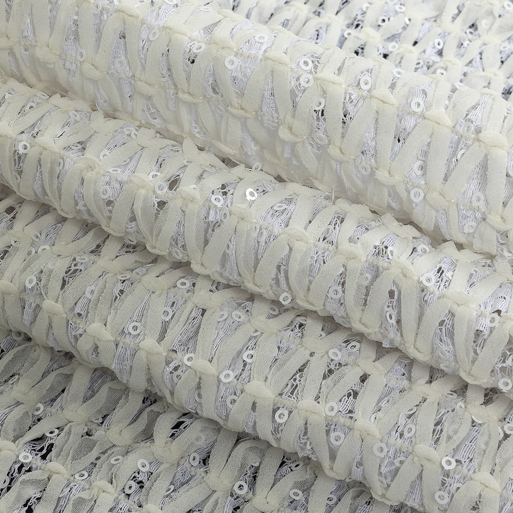 White Stretch Sequinned Floral Lace with Chevron Ribbon Detailing Folded