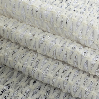 White Stretch Sequinned Floral Lace with Chevron Ribbon Detailing Folded