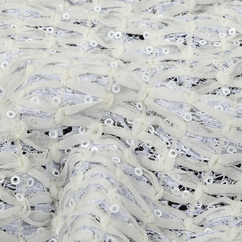White Stretch Sequinned Floral Lace with Chevron Ribbon Detailing Detail