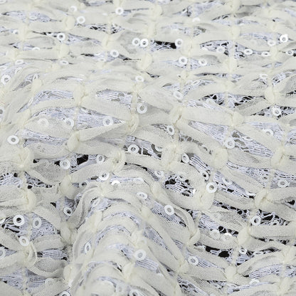White Stretch Sequinned Floral Lace with Chevron Ribbon Detailing Detail