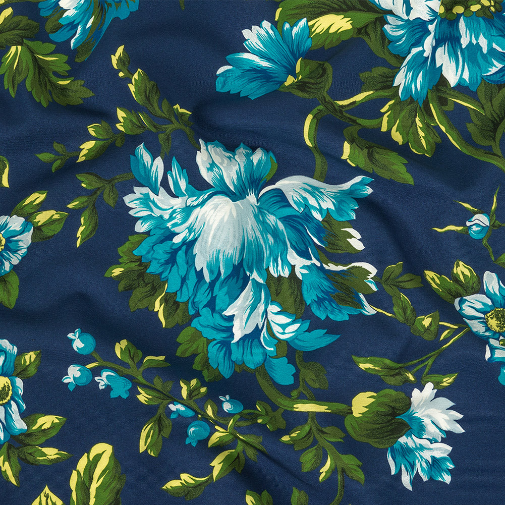 Carolina Herrera Italian Blue and Green Floral Cotton and Viscose Faille