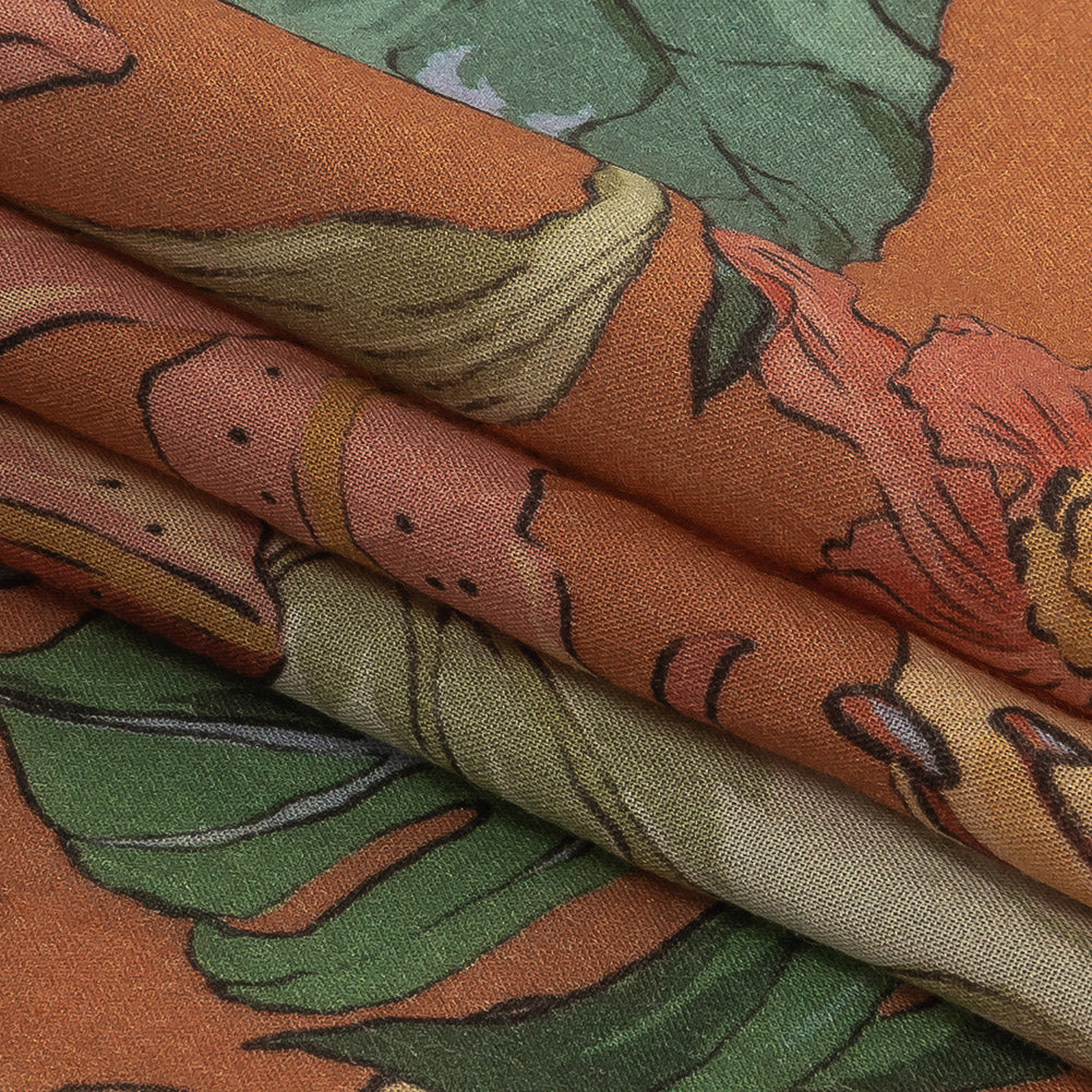 Tangerine and Celadon Tint Floral Viscose Batiste Folded