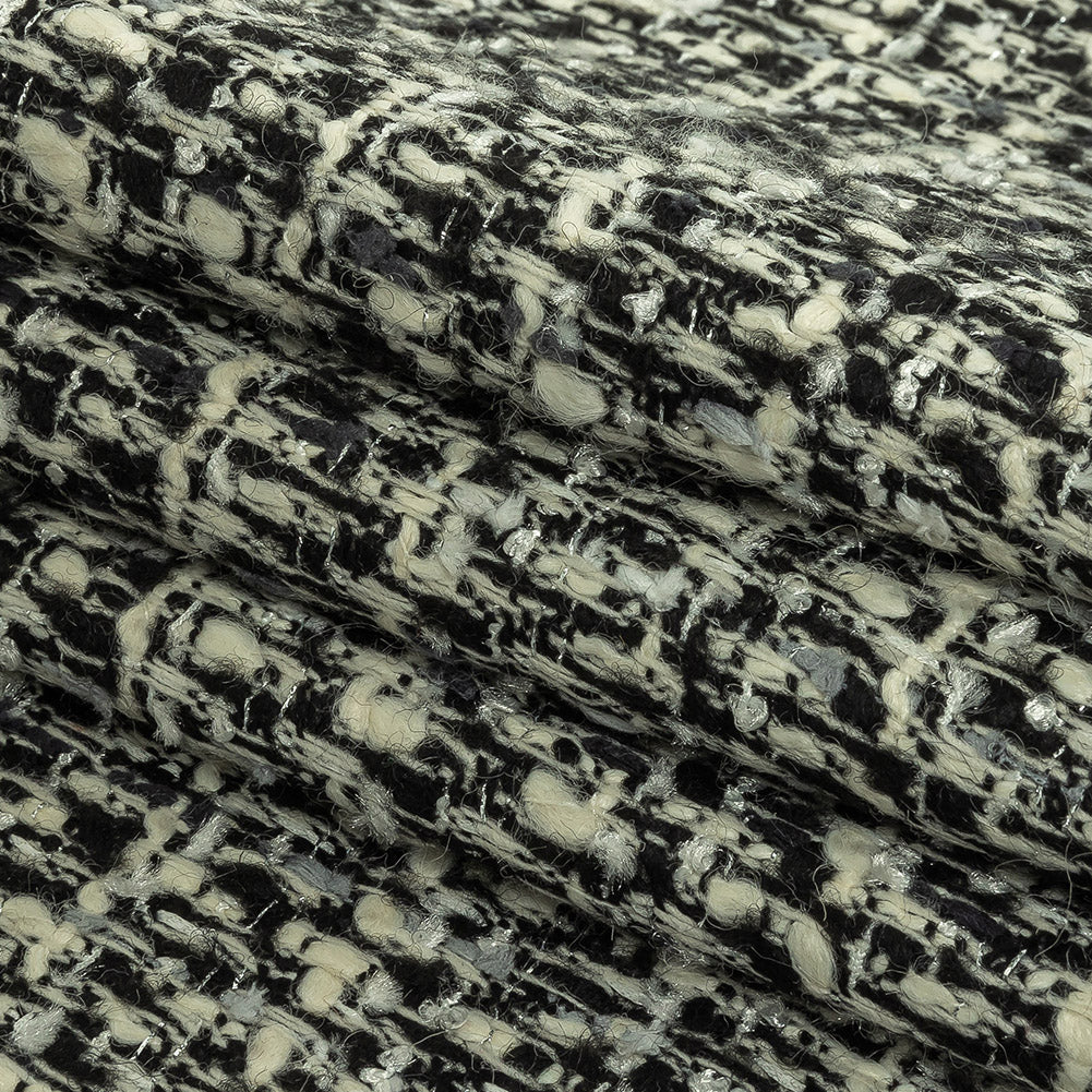 Alvin Valley Cannoli Cream, Black and Metallic Silver Boucled Wool Tweed Folded