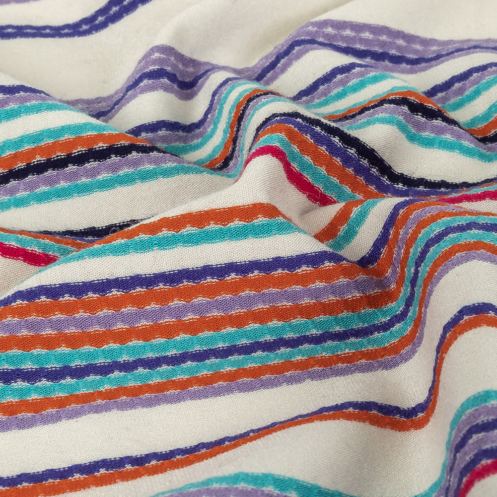 White Rayon Jacquard Knit with Multicolor Stripes Detail
