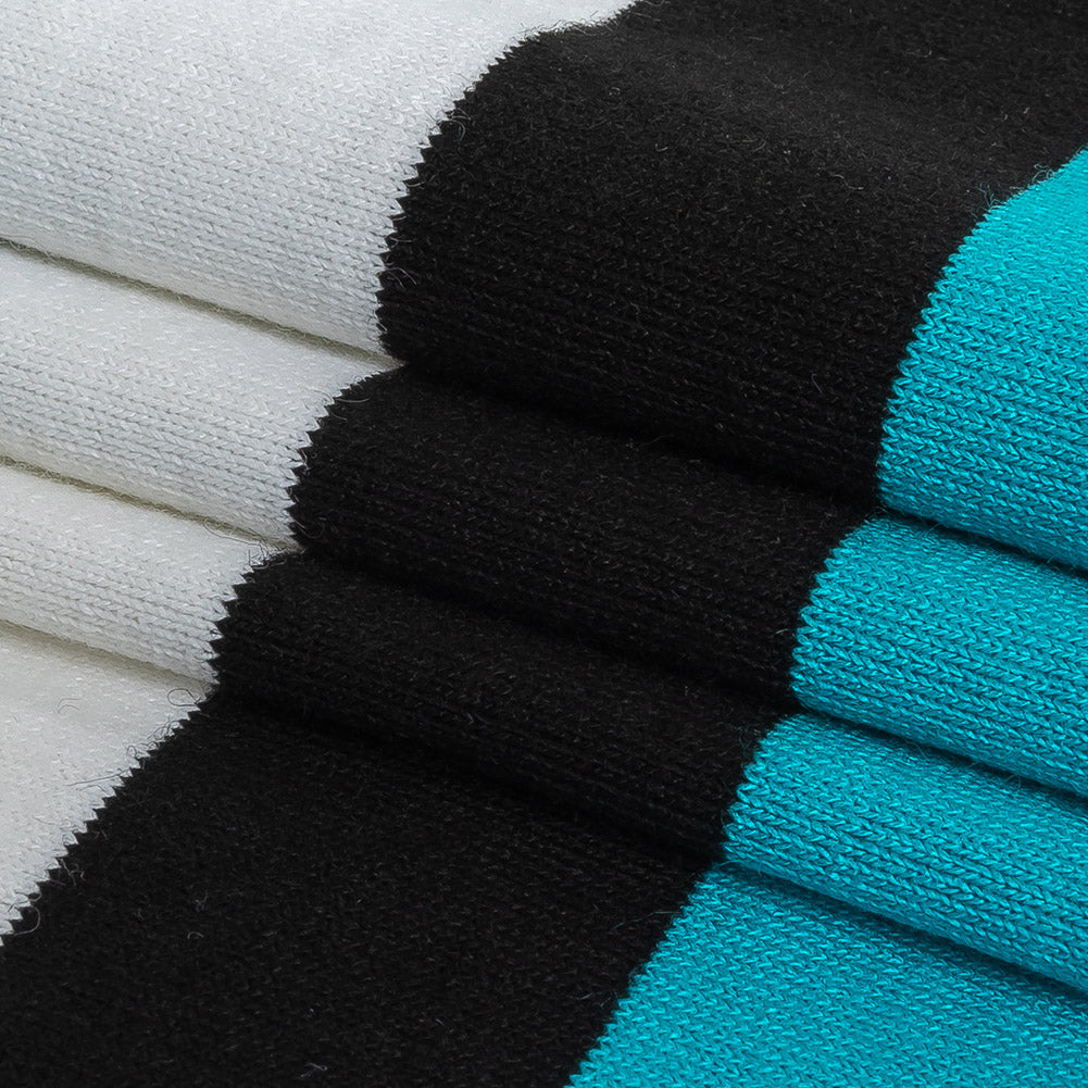 Turquoise, Black and White Awning Stripes Stretch Polyester Jersey Detail