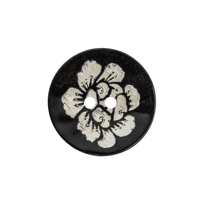 Black and Ivory Iridescent Lacquered Floral 2-Hole Shell Button - 36L/23mm