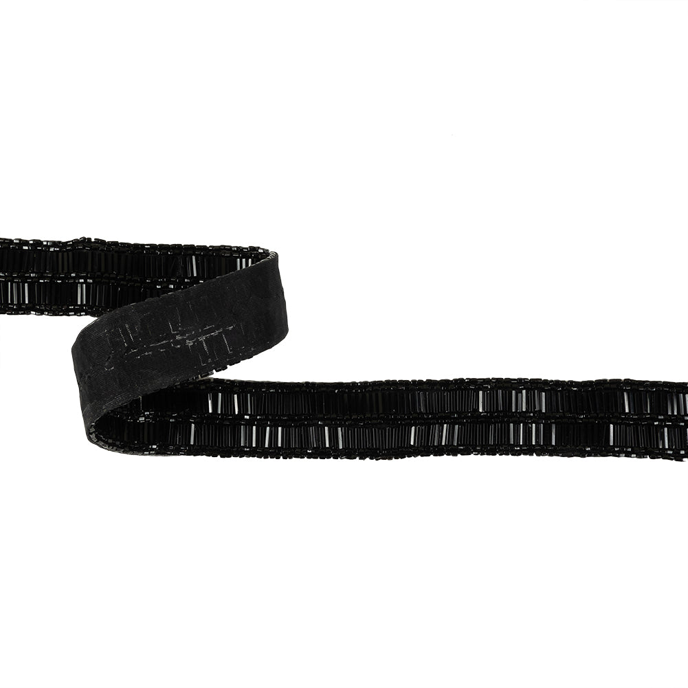 Vintage Black 2 Row Bugle and Seed Bead Striped Trim - 1"