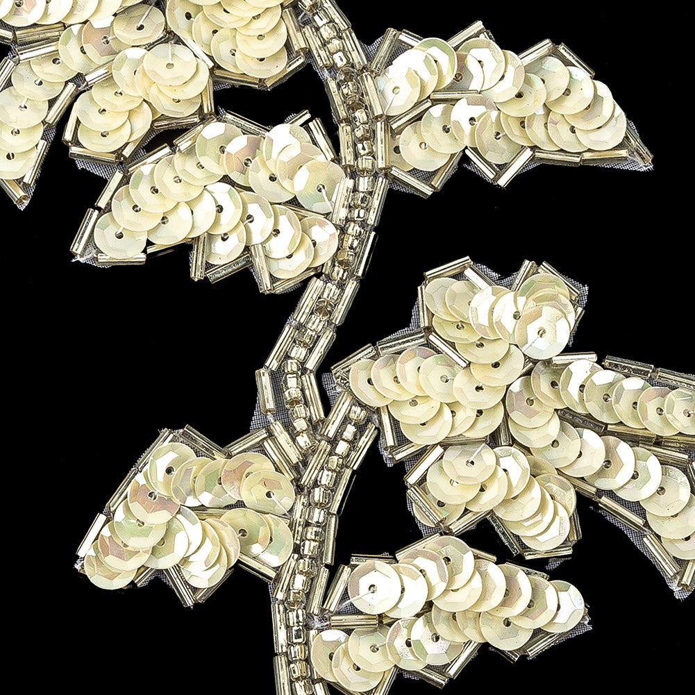 Vintage Ivory Iris Sequins and Silver Bugle Beaded Floral Applique - 4.75" x 3.75" Detail