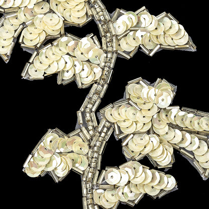 Vintage Ivory Iris Sequins and Silver Bugle Beaded Floral Applique - 4.75" x 3.75" Detail