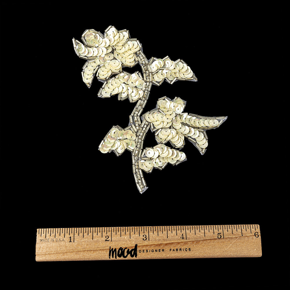 Vintage Ivory Iris Sequins and Silver Bugle Beaded Floral Applique - 4.75" x 3.75" Full