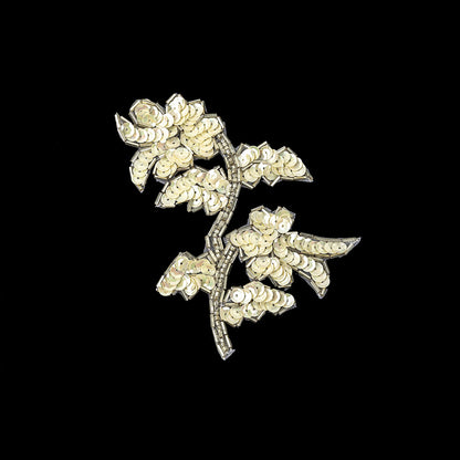 Vintage Ivory Iris Sequins and Silver Bugle Beaded Floral Applique - 4.75" x 3.75"