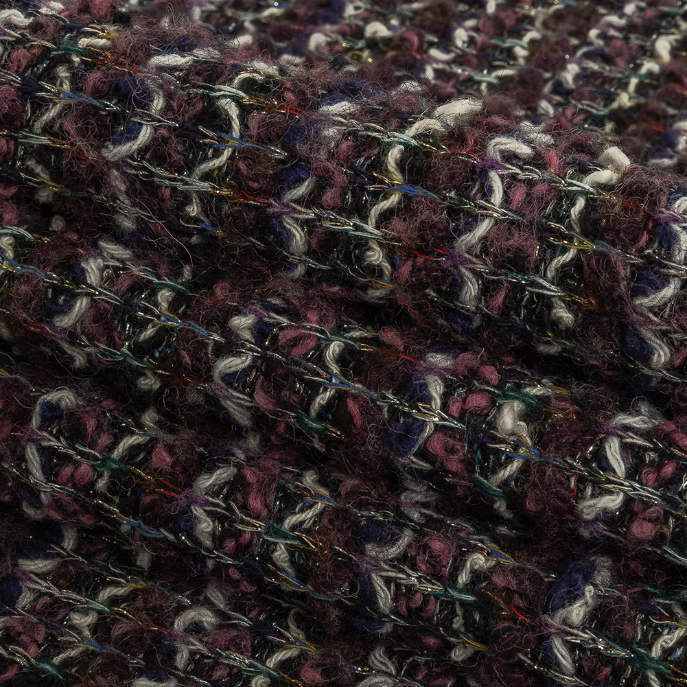 Rose, Eggplant and Metallic Silver Loopy Wool Sweater Knit Folded
