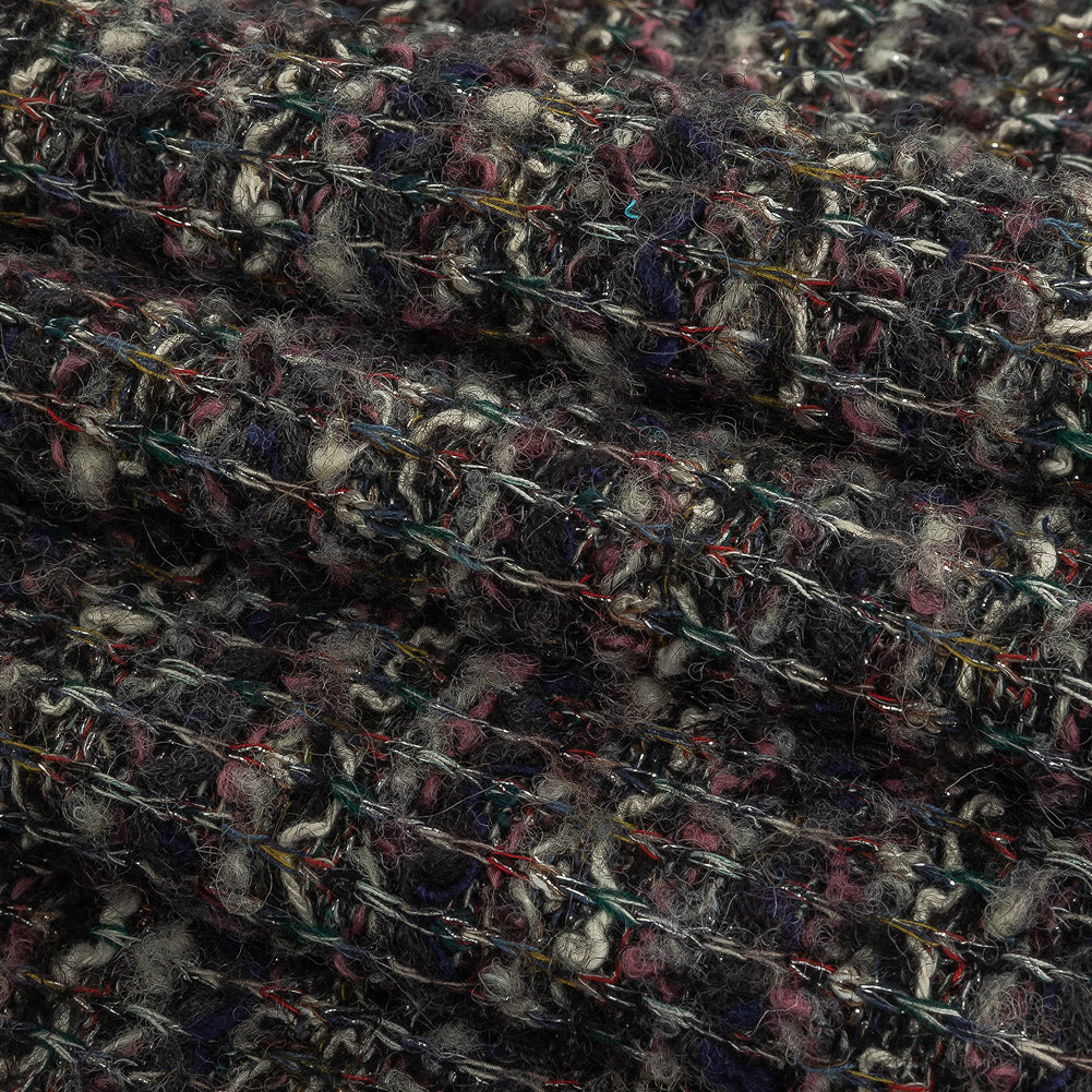 Charcoal, Rose and Metallic Silver Loopy Wool Sweater Knit Folded