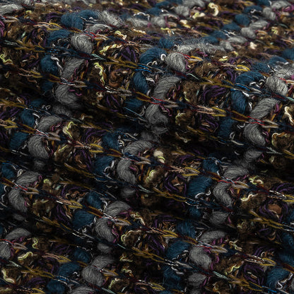 Teal, Gray and Olive Striped Chunky Wool Knit with Metallic Silver Accents Folded