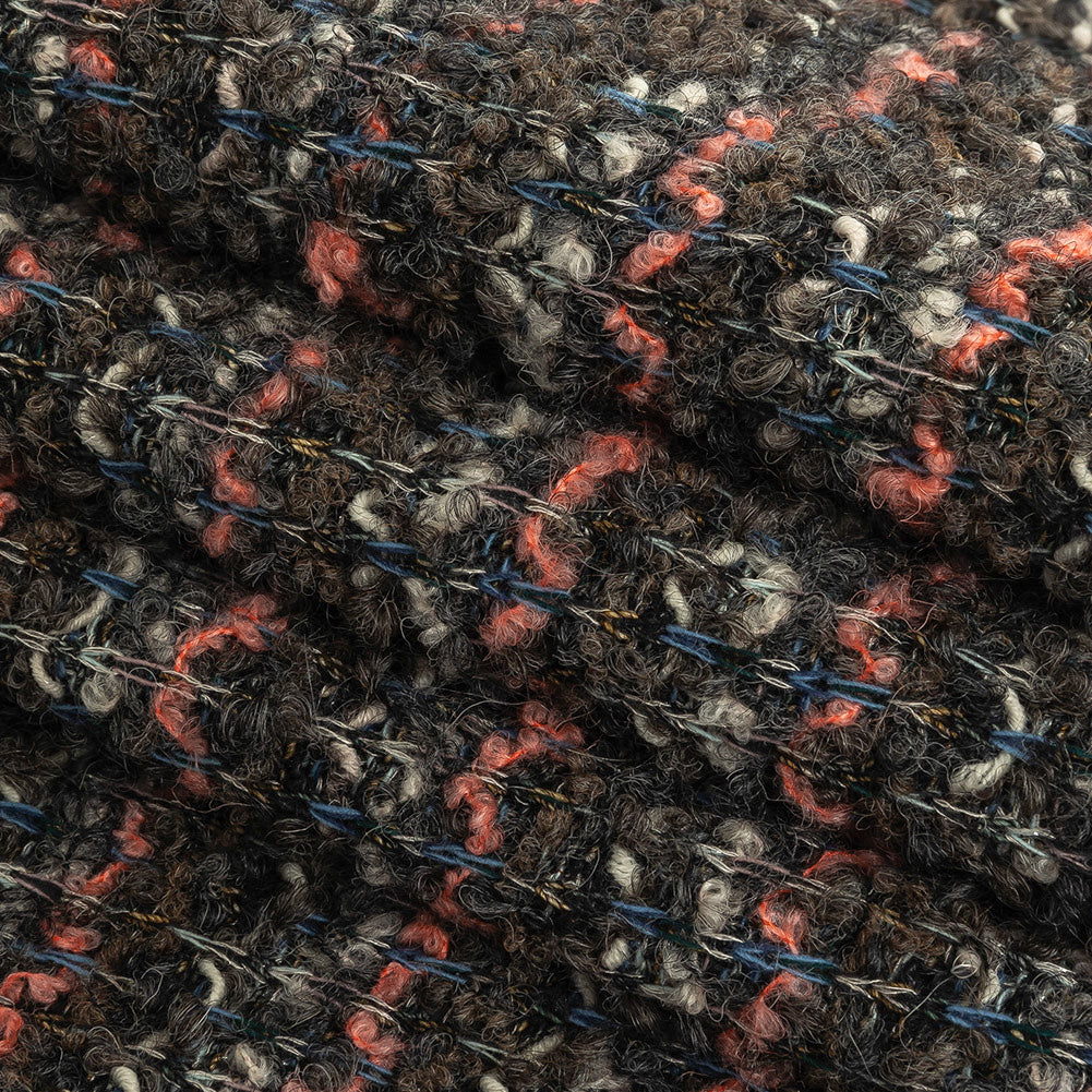 Italian Pewter, Flamingo Pink and Blue Stripes Boucled Wool Sweater Knit with Clear Sequins Folded