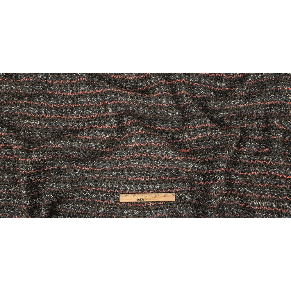 Italian Pewter, Flamingo Pink and Blue Stripes Boucled Wool Sweater Knit with Clear Sequins Full