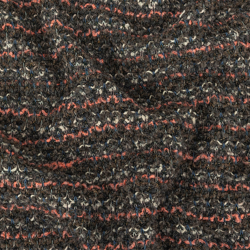 Italian Pewter, Flamingo Pink and Blue Stripes Boucled Wool Sweater Knit with Clear Sequins