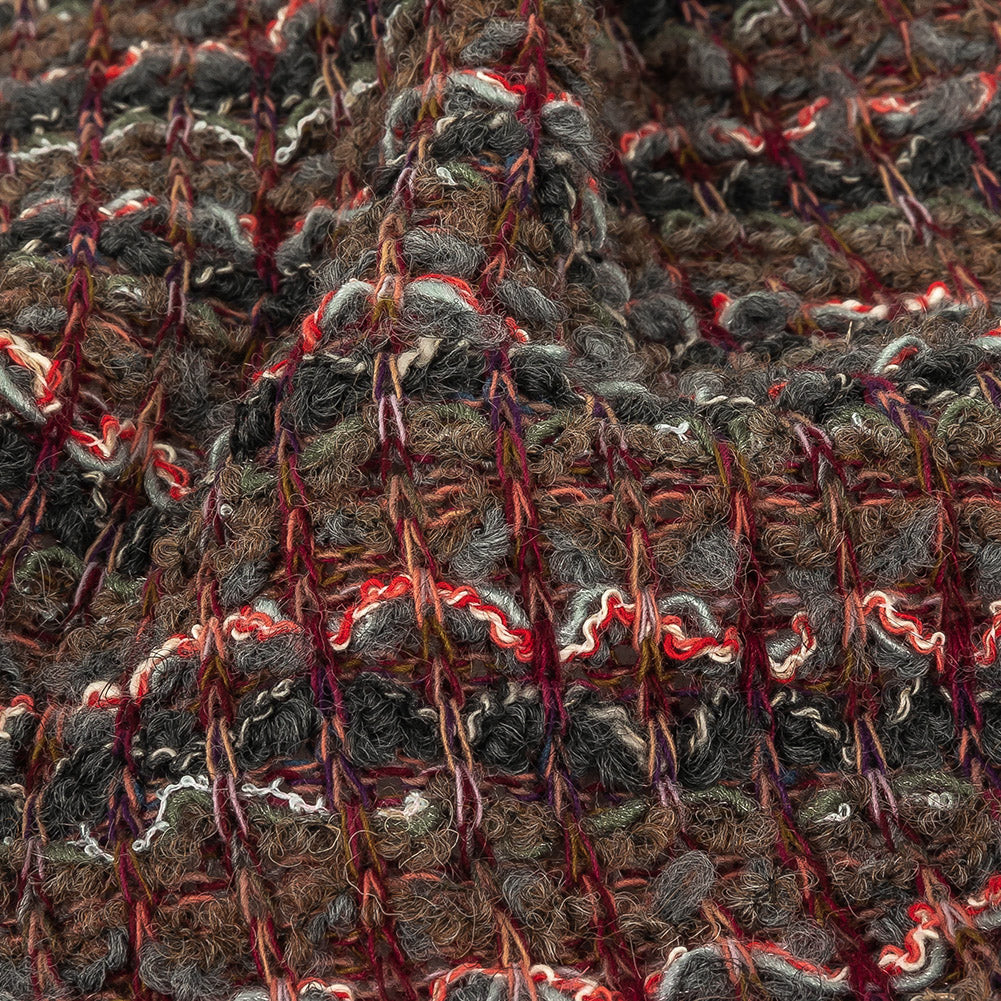 Dark Gull Gray, Golden Olive and Coral Stripes Boucled Wool Sweater Knit Detail