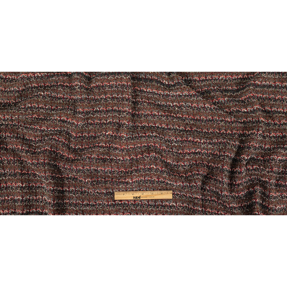 Dark Gull Gray, Golden Olive and Coral Stripes Boucled Wool Sweater Knit Full