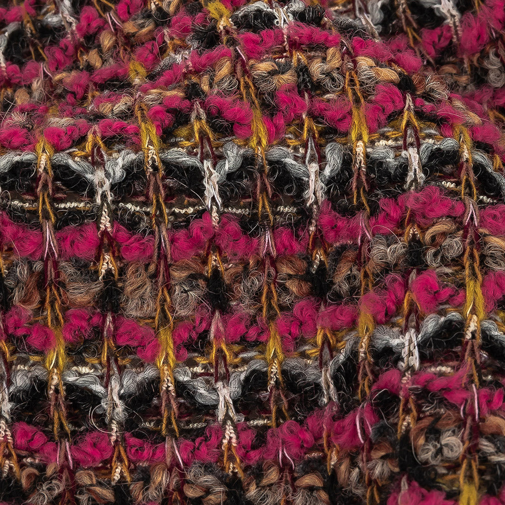 Italian Hot Pink, Gray and Mustard Stripes Wool Boucle Sweater Knit Detail