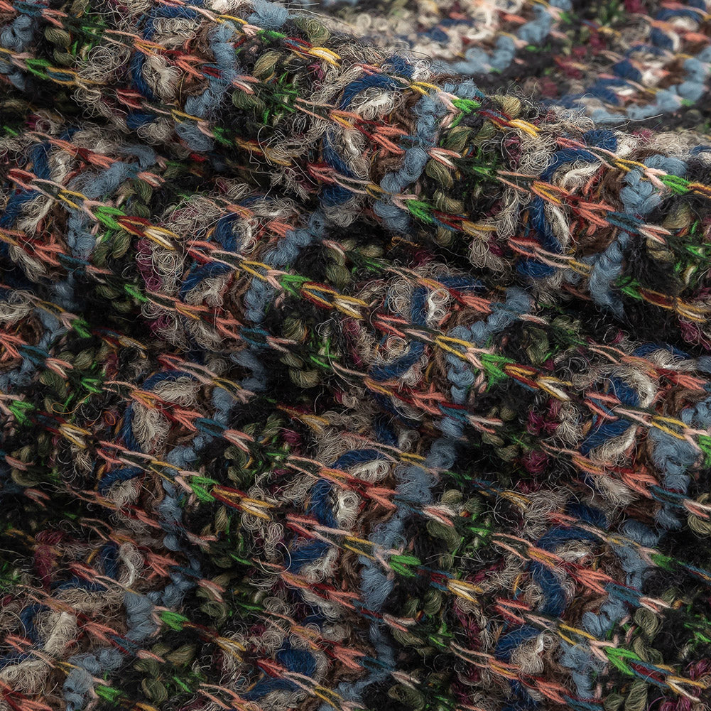 Italian Navy, Dusty Blue and Green Striped Boucle Wool Sweater Knit Folded