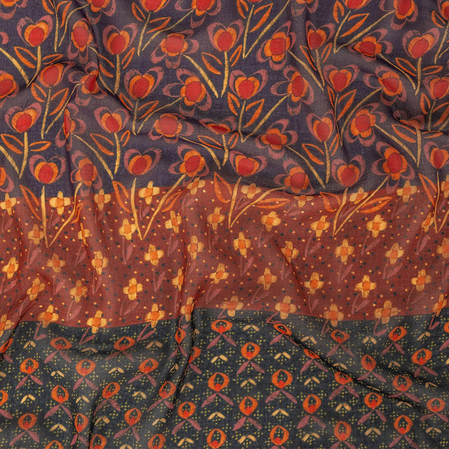 Famous NYC Designer Red, Orange, and Navy Floral Stripes Polyester Georgette