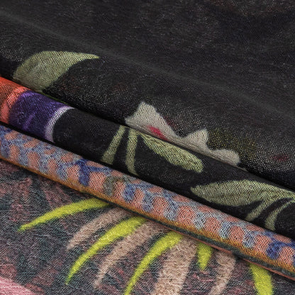 Famous NYC Designer Black, Pink, and Green Lovebirds and Florals Polyester Georgette Panel Folded