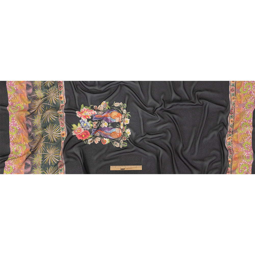 Famous NYC Designer Black, Pink, and Green Lovebirds and Florals Polyester Georgette Panel Full