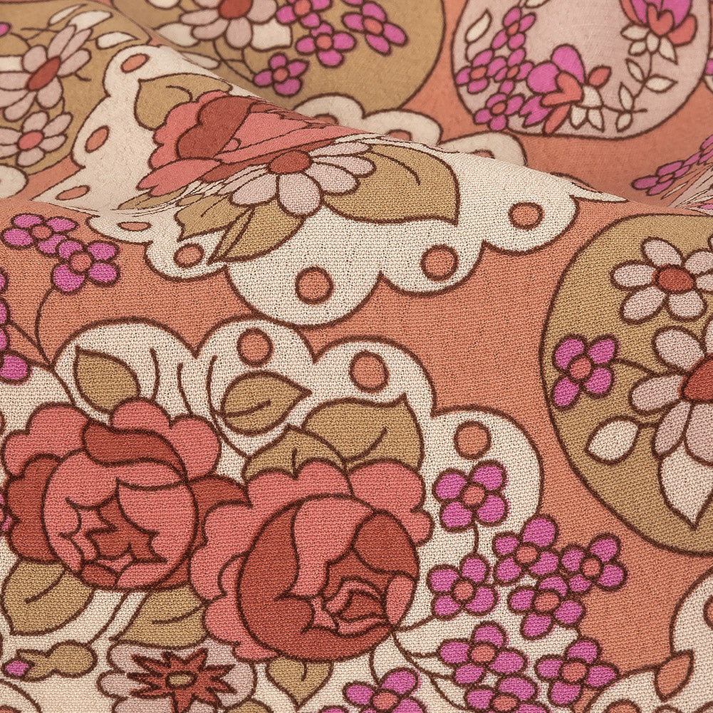 Italian Pink, Purple, and Cream Roses and Doilies Rayon Crepe Detail